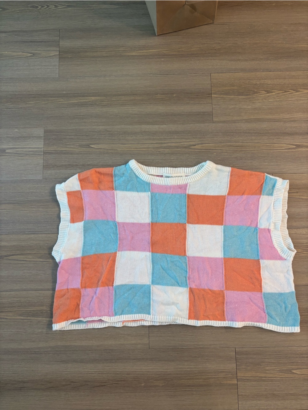 Checkerboard Cropped Knit Top - White, Pink, Orange, Blue